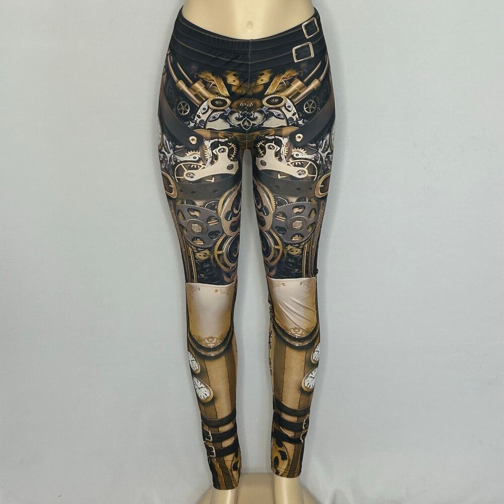 Steampunk Clockwork Gear Leggings Women’s Large Brown Gold Gothic Costume Pants
